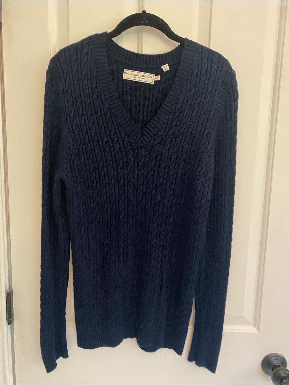 Holland Cooper women’s Navy Cable V-Neck Sweater with gold button detail